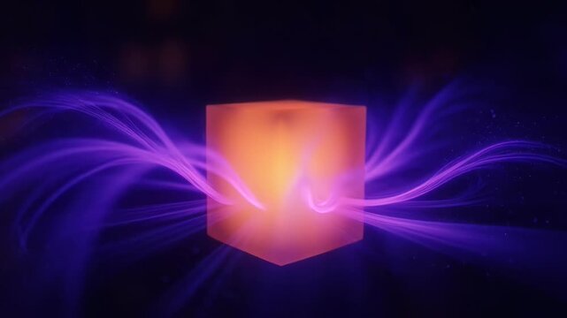 A glowing orange cube emits energy waves of purple light in a dark void