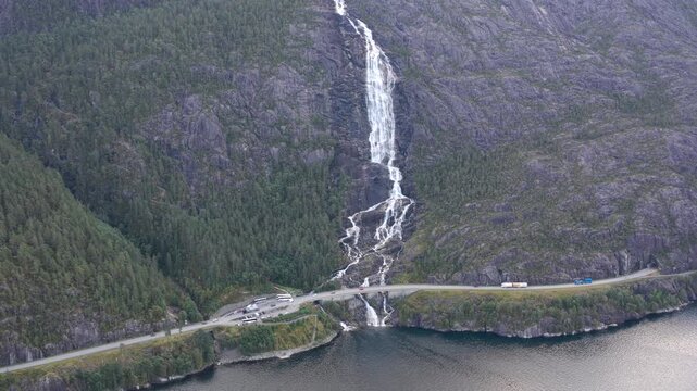 Langfoss Waterfall aerial shot Norway 