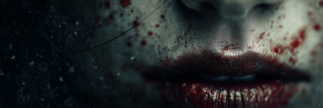 A close-up of a sinister, smeared smile glows in the dark, embodying chaos and menace with its eerie, dramatic lighting.