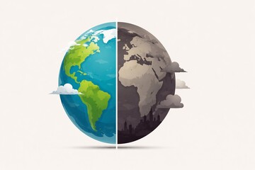 Obraz premium Earth divided into a lush healthy side and a polluted industrial side showing the global climate crisis impact