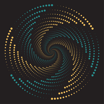 Fractal Abstract Dotted Spiral Vortex Pattern with Blue and Gold Gradient on Black Background