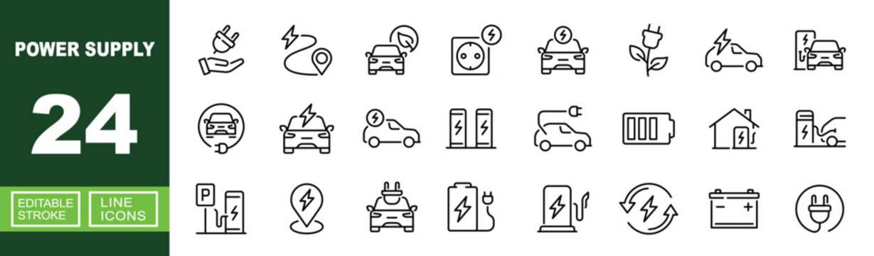 Power Supply set of web icons in line style. Containing plug, route, car, socket, leaf, station, battery, electricity, home, parking, location, energy, recycling and more. Editable stroke icons