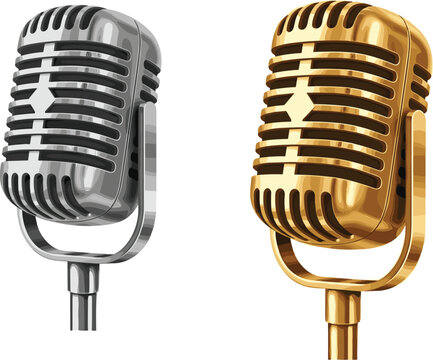 Realistic retro microphone set in gold and silver colors vintage studio audio equipment classic broadcast podcast singing isolated vector illustration
