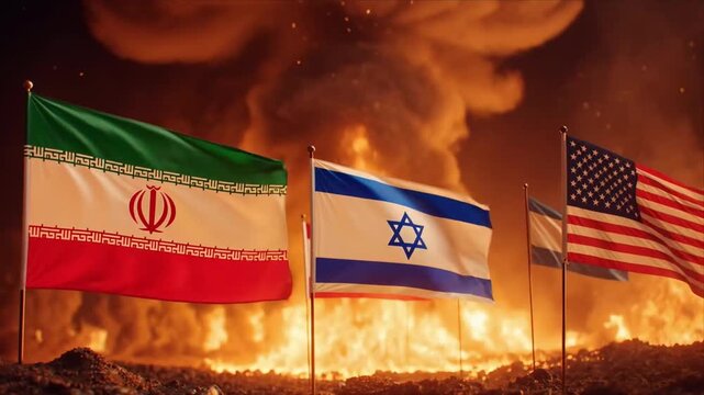 Tensions rise at the border as flags of Iran, Israel, and United States wave amidst explosions in the background