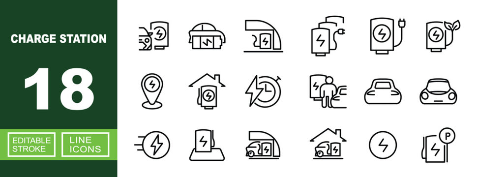 Charge Station set of web icons in line style. Containing car, station, battery, shelter, plug, leaf, location, house, timer, energy, user, garage, circle, and parking and more. Editable stroke icons 