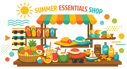 Fototapeta premium Lively summer essentials shop illustration presents array of beach items including flip-flops, hats, drinks, and sun protection for vacation needs.