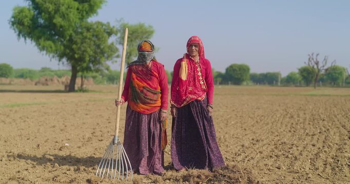 Indian mature old aged two lady woman wear saree cover head look camera day rural area. Happy worker female hold farm rake in hand staring cam do pose enjoy desi life village ground place