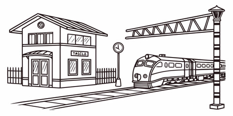 Train at station platform with fence and overhead power structure black and white hand drawn illustration platform transport railroad architecture commuter building locomotive © Rabbi