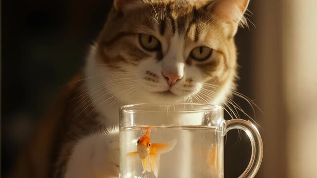 Curious cat with orange and white fur peering into a glass bowl containing a goldfish