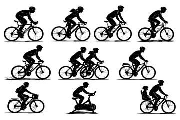Naklejka premium Silhouettes of diverse cyclists in various riding positions and styles.