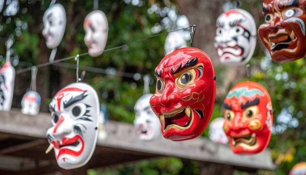 緑の木々を背景に多数の伝統的な日本のお面が宙に浮かぶ幻想的な写真