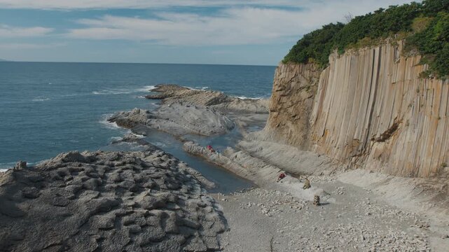 Cape Stolbchaty on the west shore of Kunashir Island with its unique land formations, Kuril Islands, in Sakhalin Oblast, Russia