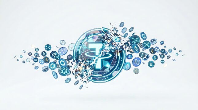 Digital representation of Tether cryptocurrency symbol exploding into numerous smaller coin icons against a clean white background.
