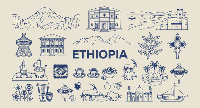 Ethiopia travel icons, African heritage doodles, coffee ceremony illustration, Addis Ababa landmarks, cultural Ethiopian symbols, traditional African vector, Ethiopia tourism graphic

