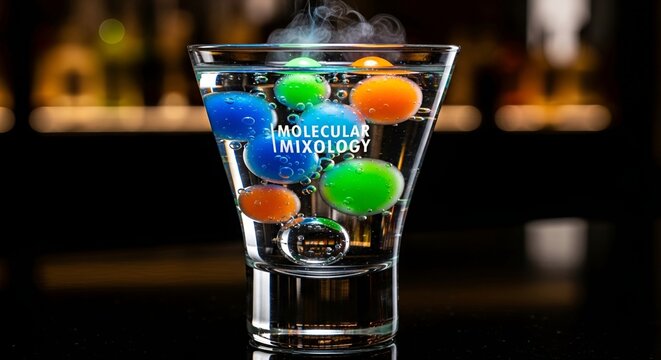 Molecular Mixology Cocktail Glass with Colorful Spherification Bubbles and Smoke in Dark Bar Setting