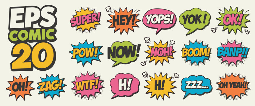 Comic book speech bubbles with words and sound effects
