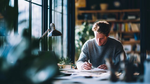 Competent find your power again entrepreneur lifestyle scene with person reviewing goals and regaining focus modern workspace