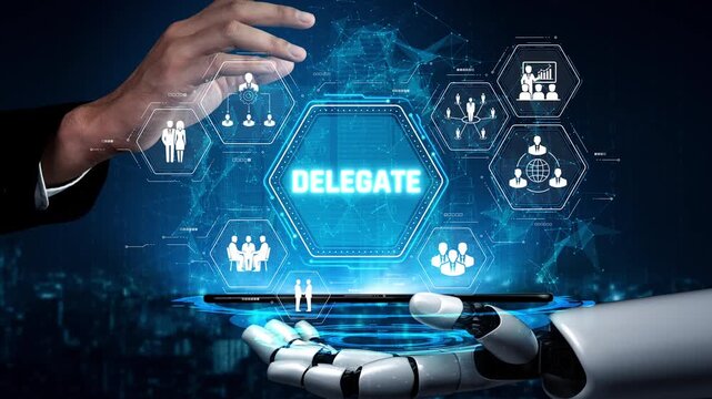 Futuristic concept of digital delegation with a robotic hand interacting with a glowing display showcasing teamwork and technology solutions in a business environment Sigmoid