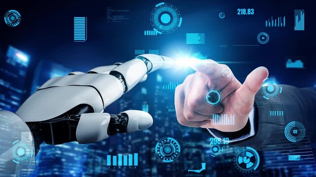 A striking visual showcasing the moment of connection between a human hand and a robotic hand in a modern digital landscape, symbolizing the blend of human creativity and advanced technology. Xenic