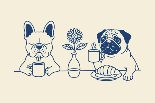 French bulldog and pug enjoy coffee and croissant