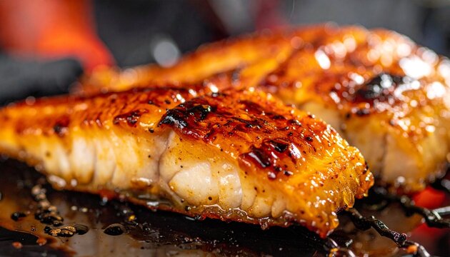 炭火で焼き上げたタレが艶やかに光るうなぎの蒲焼きをクローズアップした食欲をそそるグルメ写真