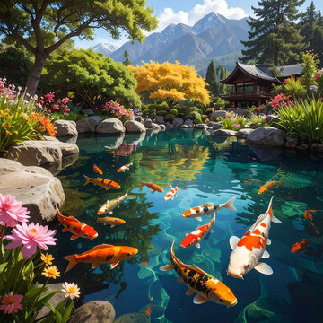 Ikan koi berenang di kolam taman