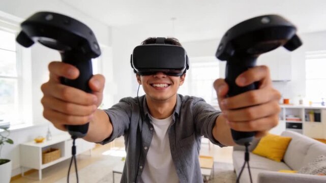 Young man using virtual reality headset and controllers at home, enjoying immersive gaming experience with modern technology and interactive digital environment.