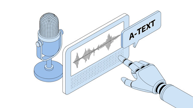 Robot hand interacting with tablet screen displaying sound wave and microphone nearby