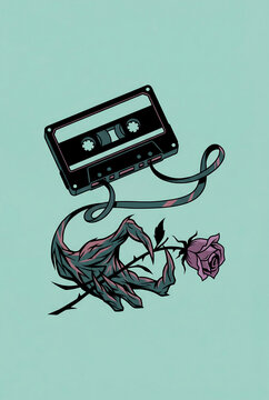 Retro Cassette Tape Turning Into Monster Hand With Flower &mdash; Surreal Cartoon Vintage Music Illustration