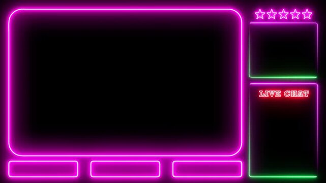 Neon glowing animated intermission stream overlay with hud facecam border, and chat for live streaming. Green and pink color. 4k video.