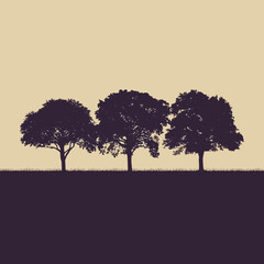 Fototapeta premium Three Tree Silhouettes in Minimalist Landscape Vector, Vintage Sepia Nature Illustration, Simple Flat Design for Background and Decor