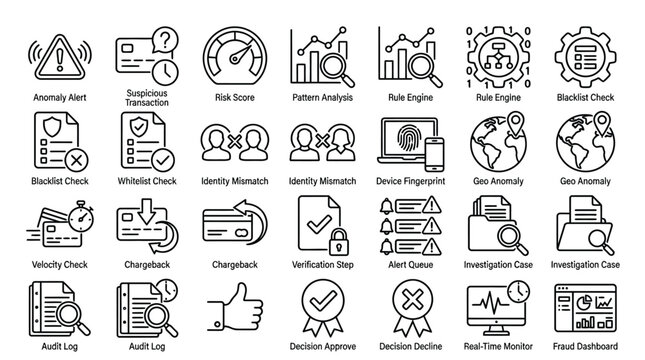 Set of 36 fraud detection line icons. financial security concepts.
