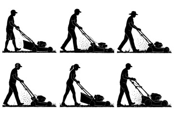 Naklejka premium Silhouettes of diverse individuals mowing lawns with push mowers.