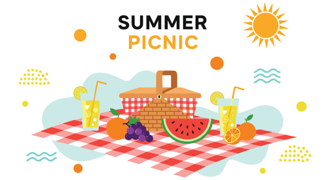 Bright summer picnic illustration features delicious food, refreshing drinks, and a cozy checkered blanket spread out for outdoor enjoyment. Perfect for summer promotions and designs.