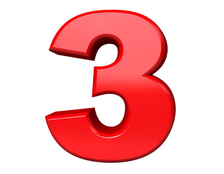 Number 3 in vibrant red isolated on white background, shiny three-dimensional digit cutout for sale, anniversary and counting compositing