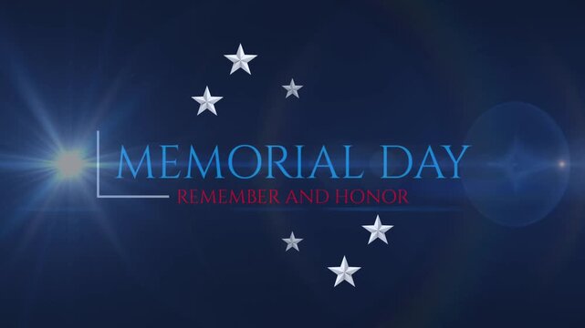 Cinematic loop animation of Memorial Day typography with glowing light flare and star circle on dark blue background. Elegant patriotic design symbolizing honor, remembrance, and national pride.
