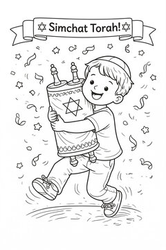 Jewish boy celebrating Simchat Torah with Torah scroll and confetti coloring page for kids