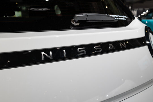 Zurich, Switzerland, October 10, 2025. Rear close-up view of the Nissan lettering on a Micra concept