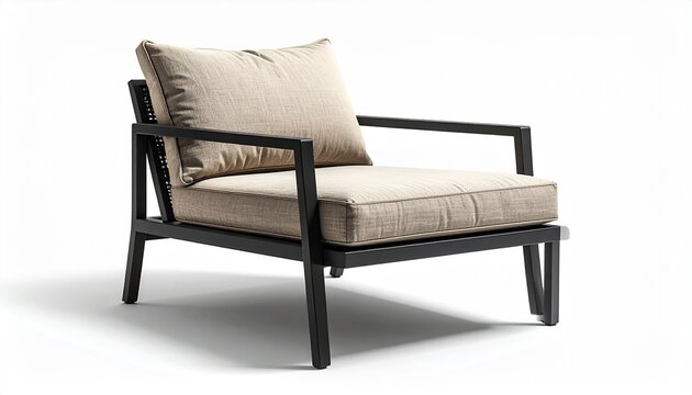 Modern minimalist lounge chair with neutral cushion and dark wood frame on white background