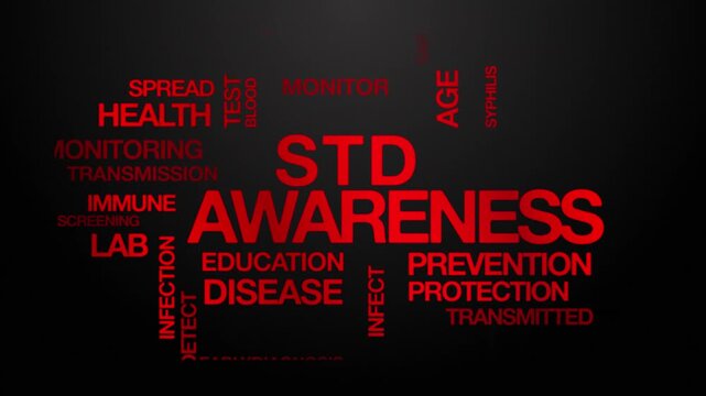 STD awareness concept Animated Tag Word Cloud kinetic typography Animation seamless loop video motion graphics Intro sexually transmitted disease wordart red type on black background backdrop bg