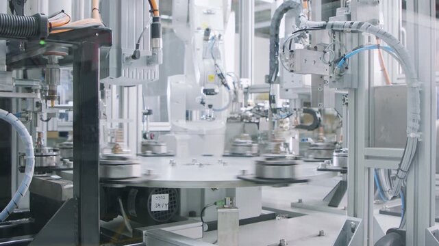 Modern automated factory production line with robotic arms and smart technology for efficient manufacturing.