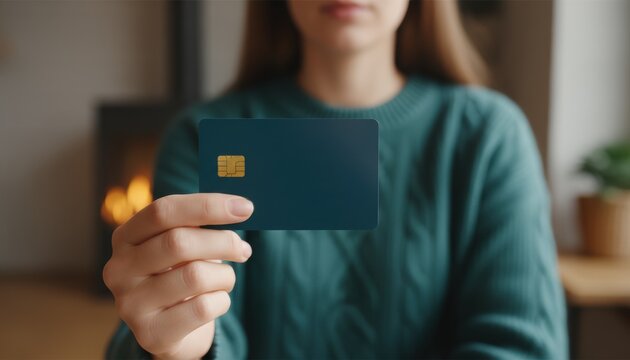 A woman holding a credit card in a cozy living room with a fireplace