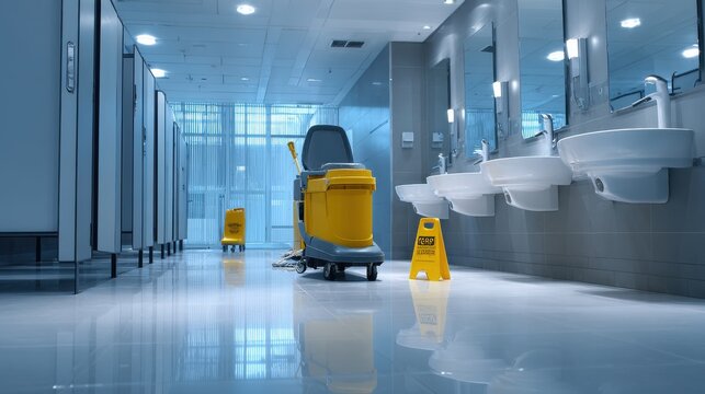 Modern public restroom with cleaning equipment and wet floor signs. A bright, modern public restroom is being cleaned with a large yellow floor scrubber and caution signs indicating wet surfaces