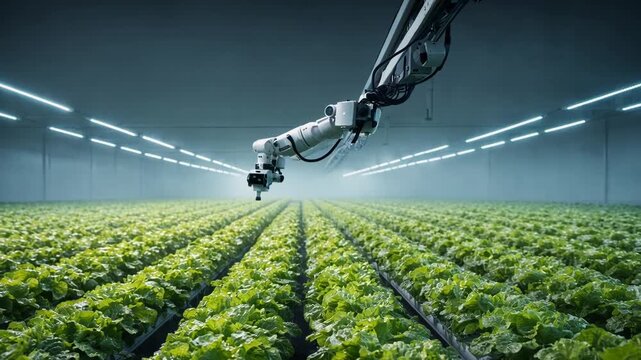 Automated Greenhouse Showcases Smart Farming Technology with Hydroponics and Robotic Arm for Efficient Growth of Vibrant Lettuce Under Artificial