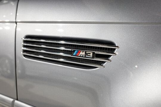 Zurich, Switzerland, October 10, 2025. Side close-up view of the fender vent and M3 badge on a rare silver 2004 BMW M3 E46