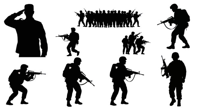 Silhouette Soldiers Collection: Military Action Poses, Saluting, Marching, Aiming