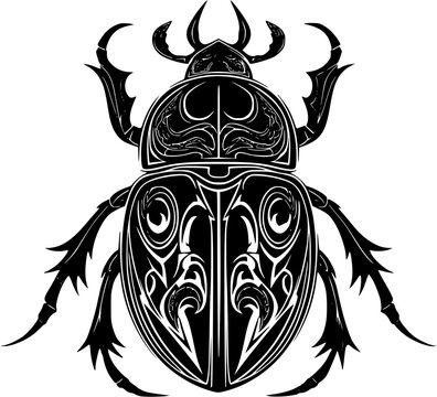 A stylized tribal scarab beetle tattoo concept features bold black ink outlines on a solid white background, with sharp contrast and clear borders, perfect for vectorization