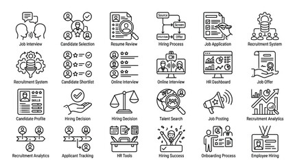 Obraz premium Human resources and recruitment process icons for employee hiring and selection.