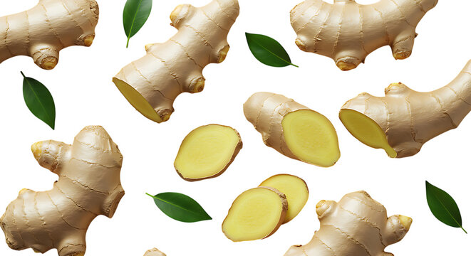 Ginger roots and slices with green leaves floating in air on white background for food and spice concepts transparent background