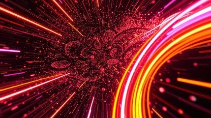 Fototapeta premium Bright neon lights converge toward central point. Vivid pinks, oranges create dynamic tunnel effect. Abstract digital art.